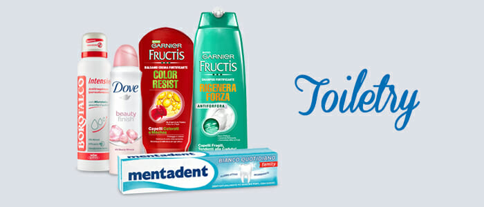 Toiletry Garnier-Fructis, Borotalco, Dove, Pasta del capitano