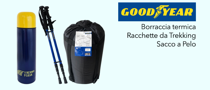 Goodyear: Borraccia termica, Racchette da Trekking e Sacco a Pelo